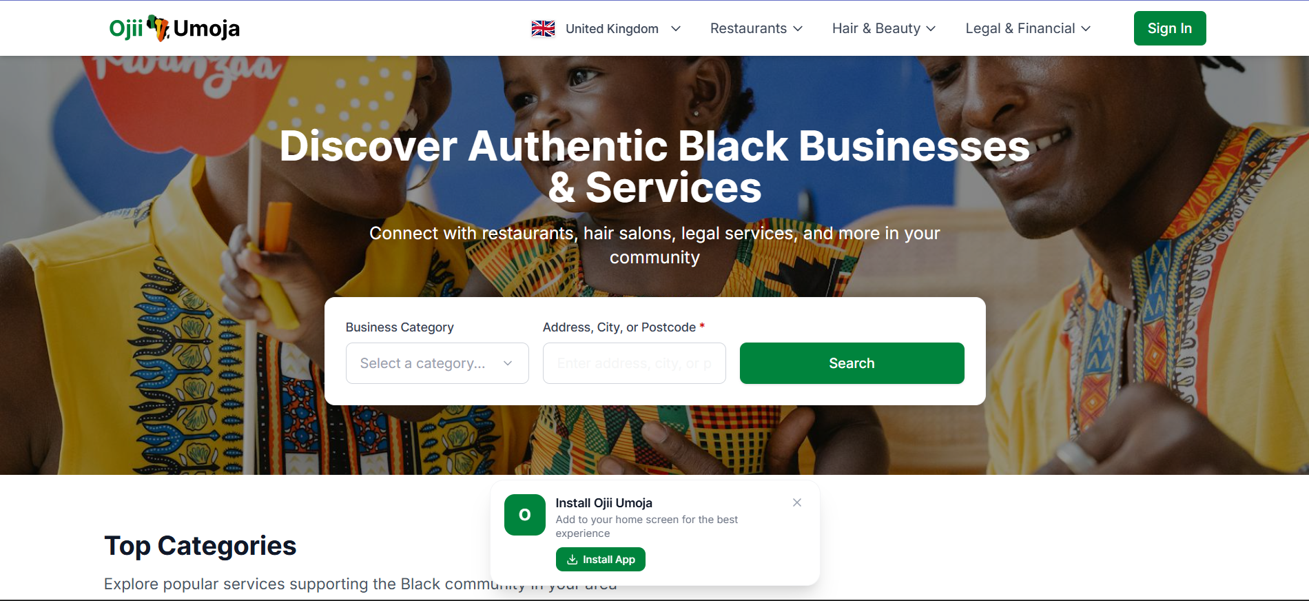 Ojii Umoja platform homepage showcasing Black-owned businesses and community resources
