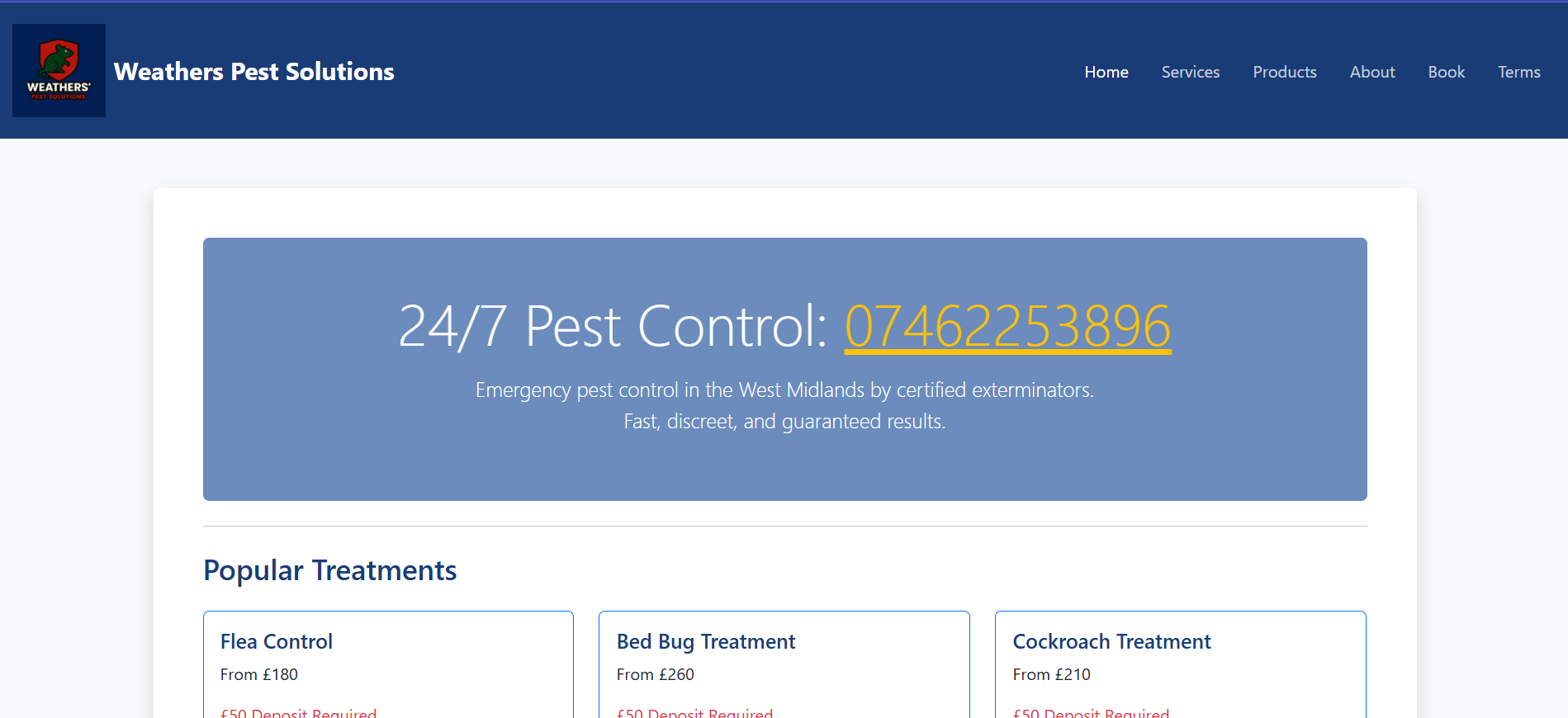 Weathers Pest Solutions dashboard showing pest control services and pricing